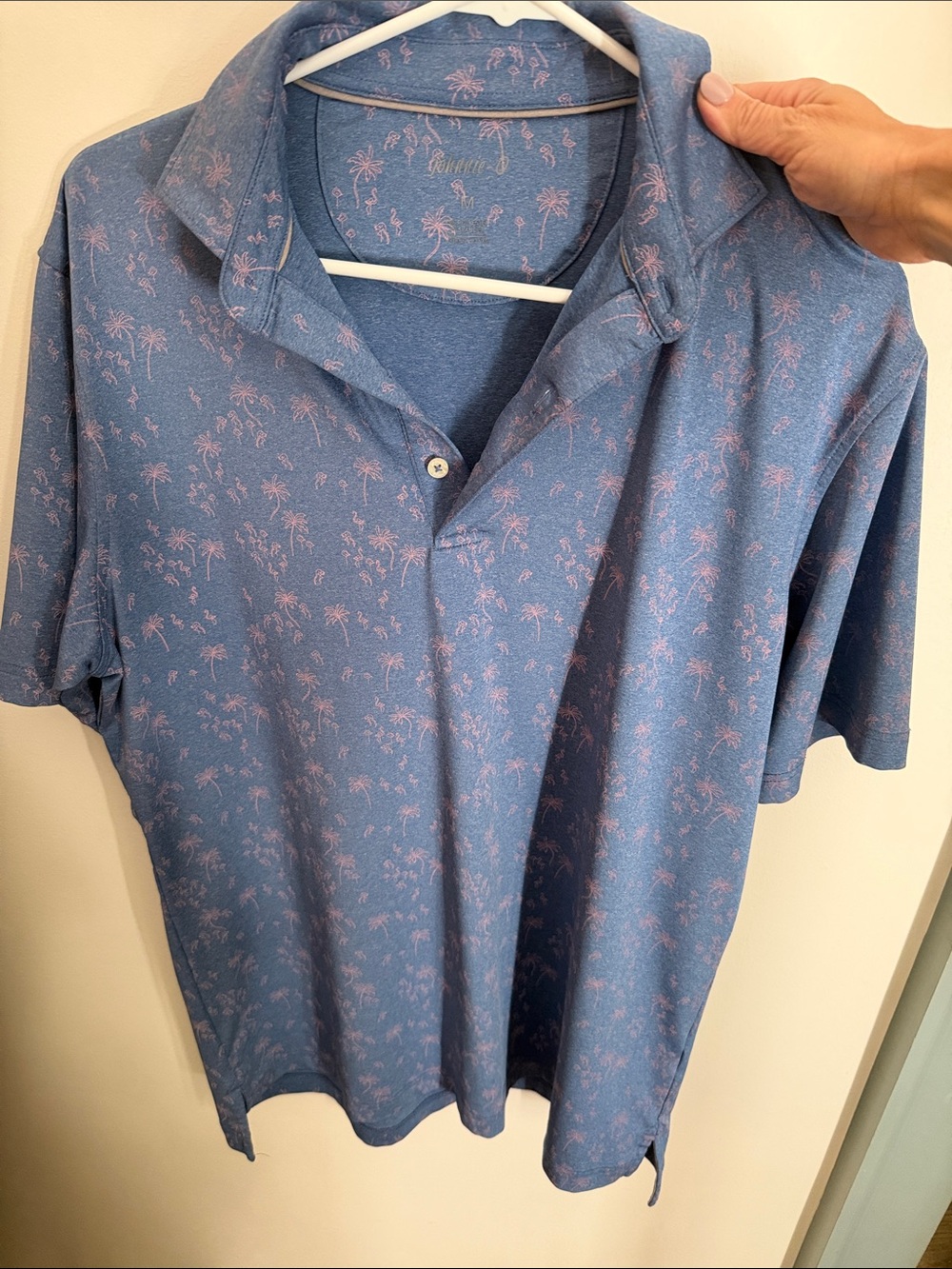 Johnnie-O Men’s Blue Short Sleeve Polo with Pink Palm Print